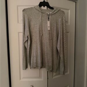 Chicos energy luxe rhinestone gray sweater hoodie size 3/xlarge NWT